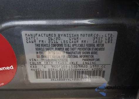 2020 Nissan Sentra S Xtronic Cvt z USA, uszkodzony, nr VIN 3N1AB8BV4LY256290